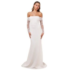 Lulus White Off-the-Shoulder Wedding Dress with Ruched Sleeves NWT Size XS